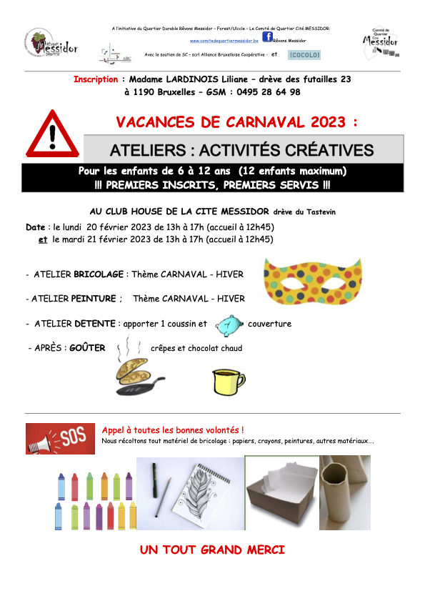 Ateliers bricolage enfants - Carnaval 2023